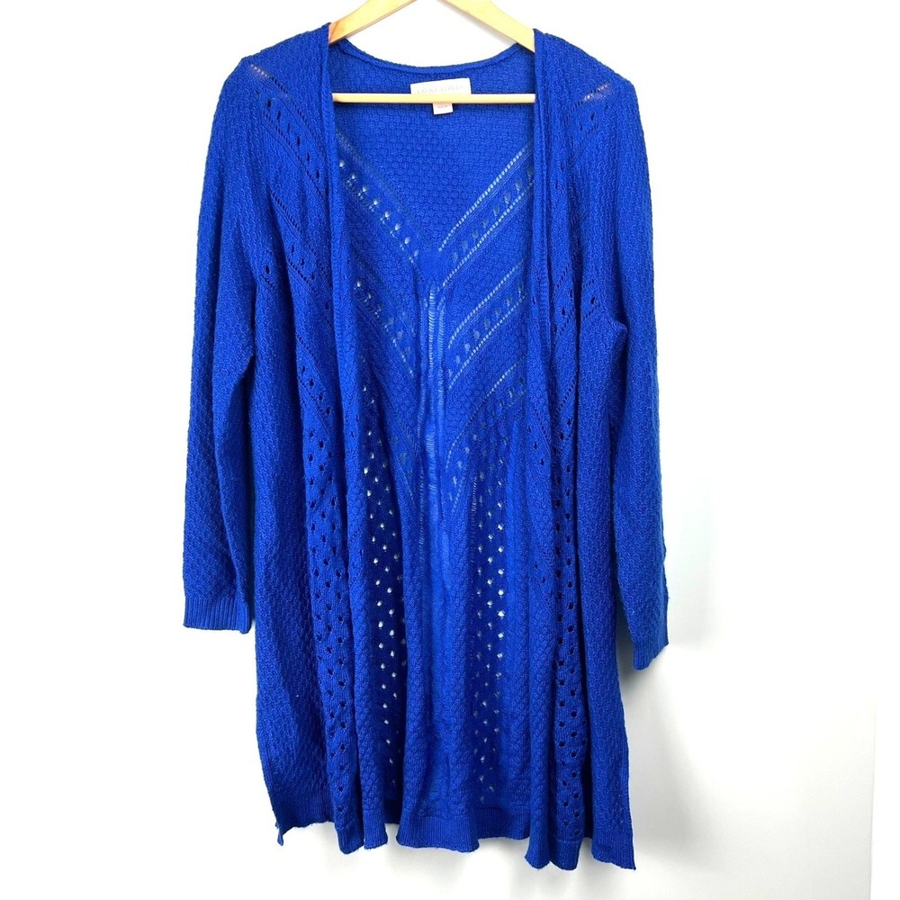 Laura‎ Ashley Cobalt Blue Open Front Knit Cardigan Sweater PXL Duster Open Knit